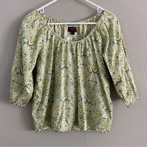 J. Crew Liberty Art Fabrics Green Floral Peasant Top 3/4 Sleeve Blouse Size XS